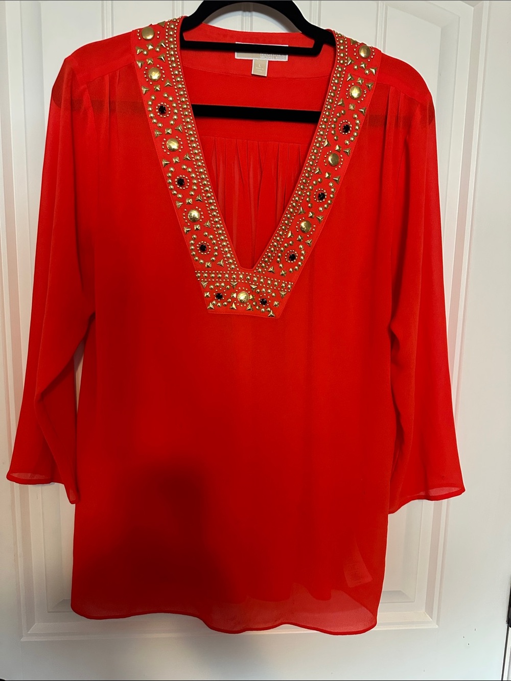 Michael Kors Red Sheer V-Neck Tunic with Gold Embellishment